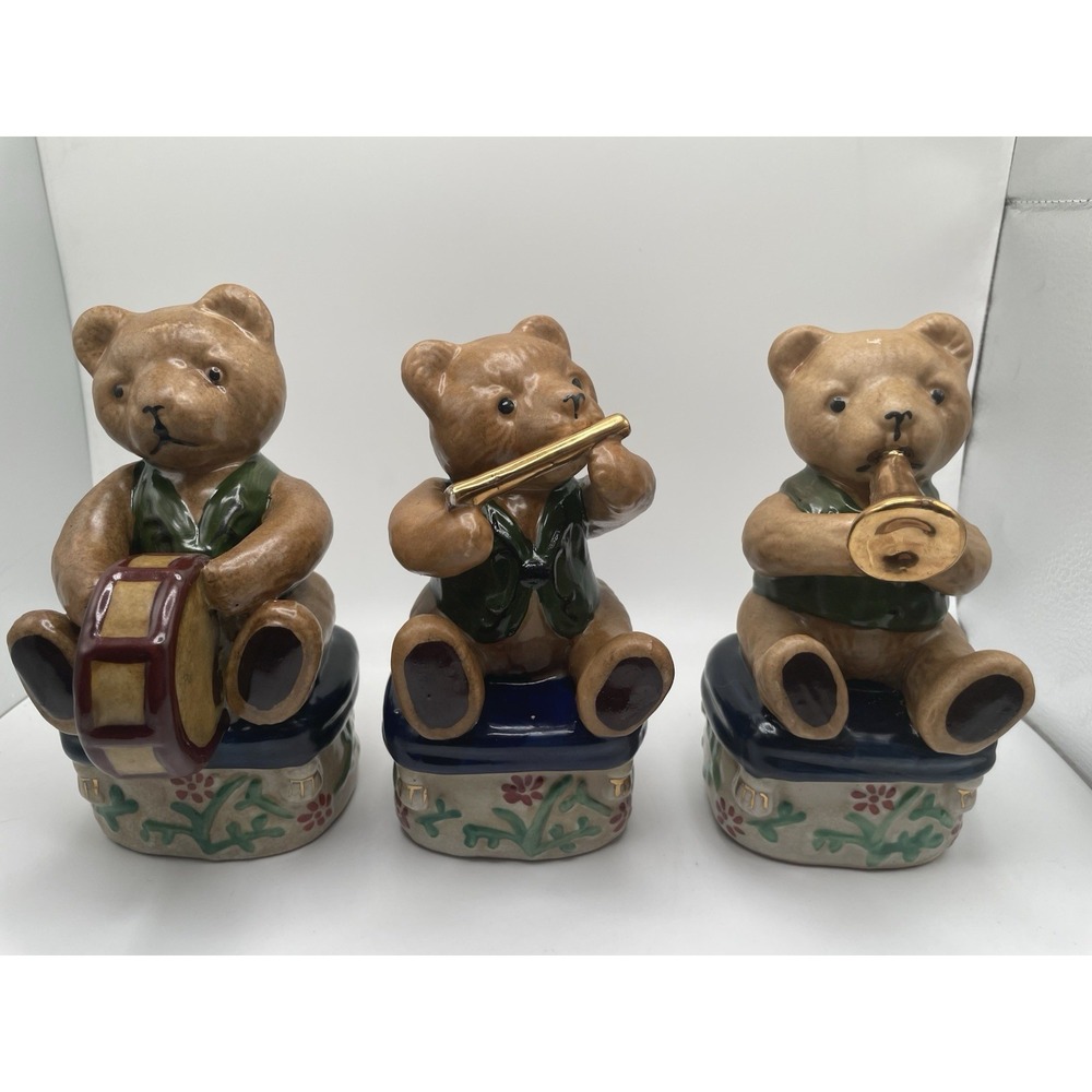 Vintage Musical Christmas Porcelain Teddy Bears Figurines w/ Musical Instruments - Picture 3 of 13